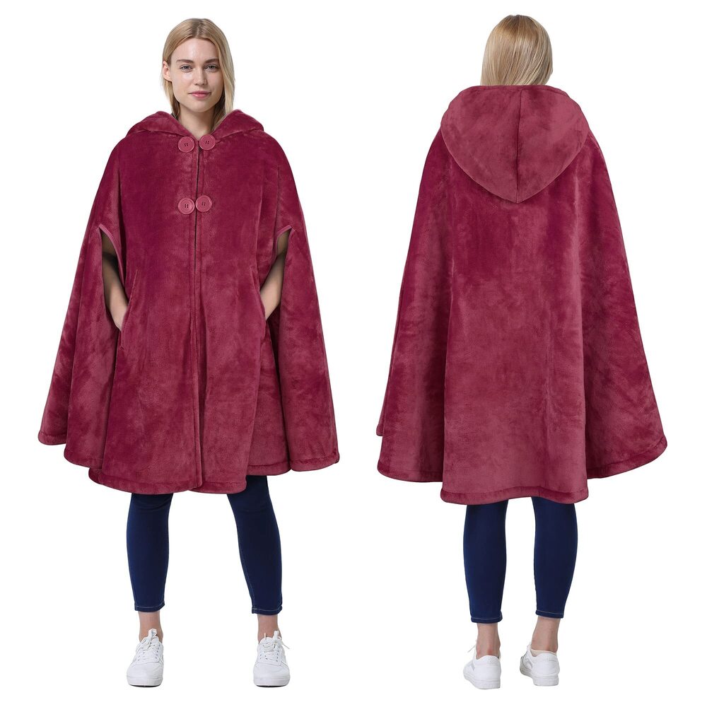 8407 Poncho Cape, Oversized Sherpa Fleece Cloak Coat, Snuggly Hooded